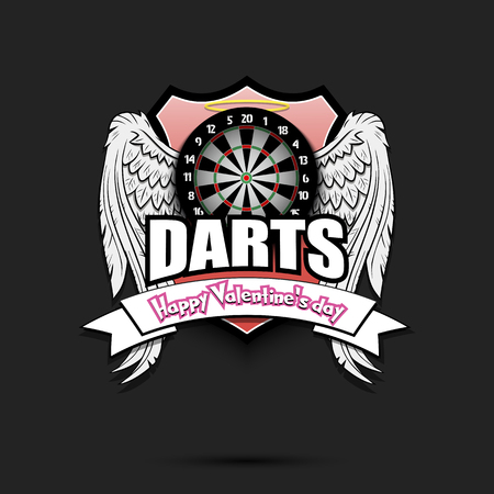 Happy Valentine day. Darts logo template design. Dartboard with wings and nimbus. Pattern for banner, poster, greeting card, party invitation. Vector illustration Logo