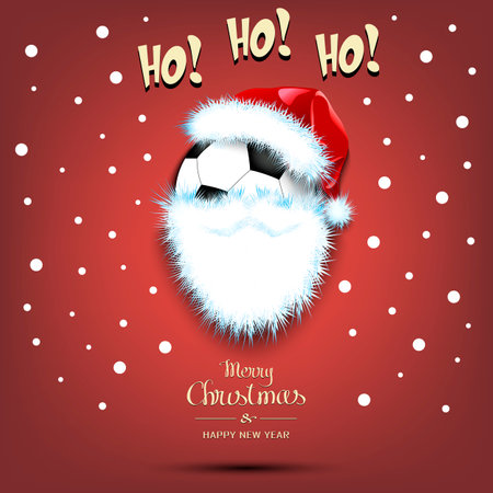 Merry christmas and happy new year. santa in the form of a soccer ball. soccer ball with beard and santa hat. greeting card design template with for new year. vector illustration Фото со стока