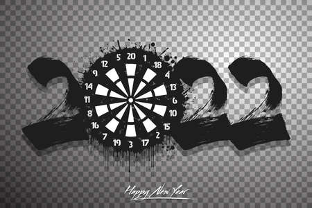 Numbers 2022 and a abstract dartboard made of blots in grunge style. Design text Happy New Year 2022. Template for greeting card, banner, poster. Vector illustration on isolated background
