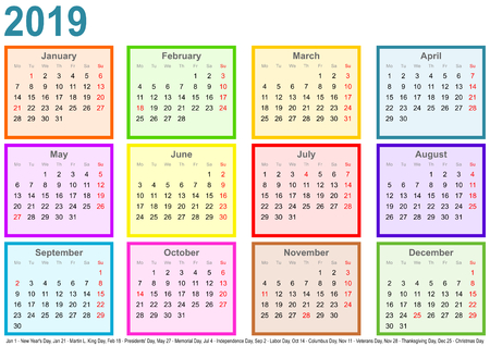 Calendar 2019, each month in a differently colored square and markings of public holidays for the USA in a landscape format - 107176092