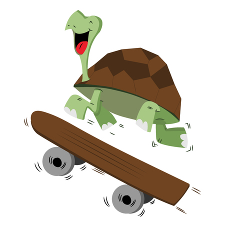 Happy smiling turtle running with a skateboard for speed concept - Vector illustration isolated on white background