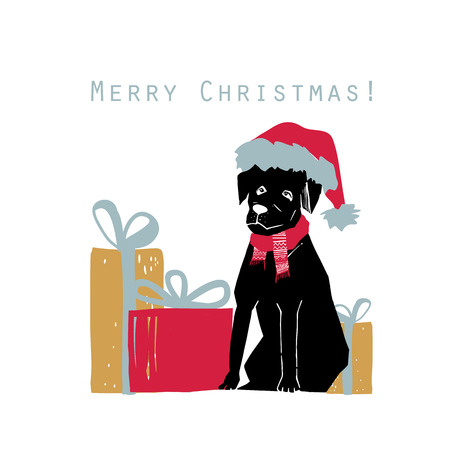 Illustration of merry christmas greeting card with dog in santa hat and quote.scandinavian xmas elements with vintage, natural color. christmas tree, ball, gift and christmas boot.