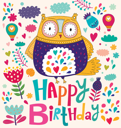 Happy Birthday card with owl Vector Illustration