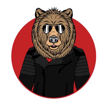 Vector Illustration Of Bear Portrait In Sunglasses And Leather Jacket Retro Style Hipster Look Vector Illustration Of Bear Portrait In Sunglasses And Leather Jacket Retro Style Hipster Look