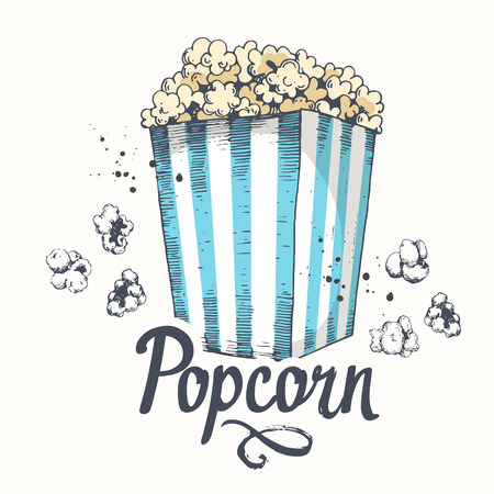 スケッチポップコーンバケットを使用したベクトルイラスト シネマスナック 手描きのファーストフード ムービータイムポスター のイラスト素材 ベクタ Image