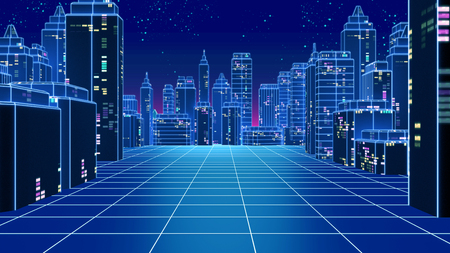 レトロな未来的な高層ビル都市 1980 年代スタイルの 3 D イラスト Cyber の世界でデジタル風景 音楽アルバムのカバーとして使用します の写真素材 画像素材 Image 76653732