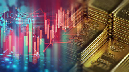 Stack of shiny gold bars on financial gold price graph ,concept of safe heaven investment , 3d illustration