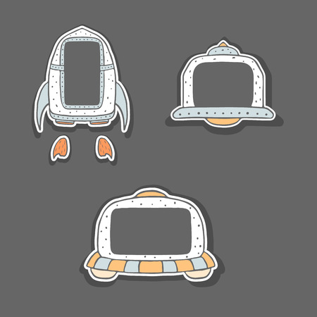 手描きっぽいフレーム 宇宙船と Ufo かわいい甘い落書きスタイル宇宙船 子供のためのカラフルなスケッチ図のイラスト素材 ベクタ Image