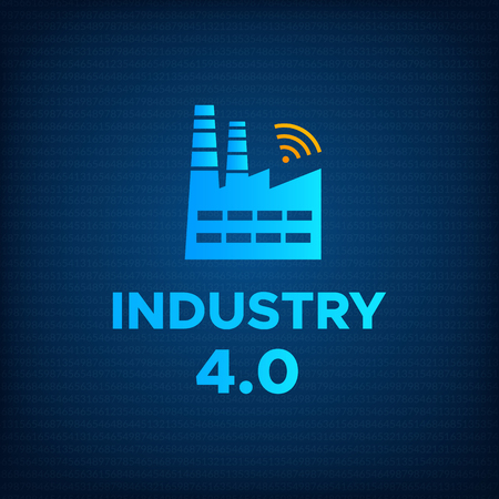 Manufacturing industry 4.0 revolution concept vector illustration. blue factory icon with wireless symbol and sign industry 4.0 smart technology and technology background revolution business concept. Stock Photo