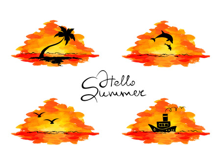 Sunset landscape vector: Set vector illustrations sea and beach Hình minh hoạ