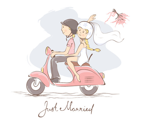 Bride and groom on a scooter Vector illustration, card, bride throws the bouquet