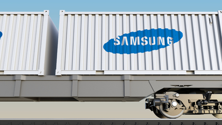 logo samsung: Railway transportation of containers with Samsung logo. Editorial 3D rendering