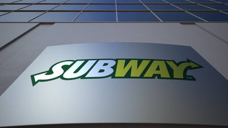 outdoor signage board with subway logo modern office building