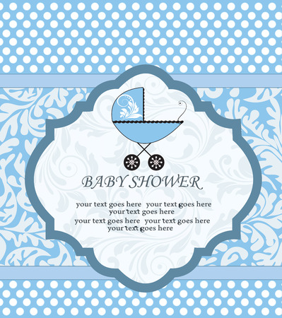 Vintage baby shower invitation card with ornate elegant retro abstract floral design, blue with white polka dots and baby carriage. Vector illustration.