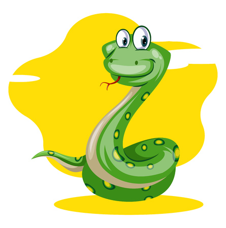 A green snake with yellow dots in yellow background with big eyes, vector, color drawing or illustration.