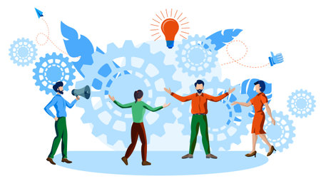 teamwork concept: people, gears, lightbulb, megaphone clip art preview