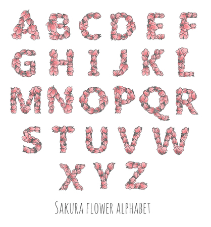 ベクトル カラフルな花フォント フォントのさくらの花と葉の花アルファベット文字セット ベクター デザインで作られました のイラスト素材 ベクタ Image