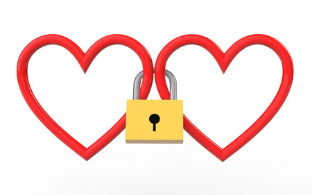 3d hearts locked together with lock stock photo picture and royalty