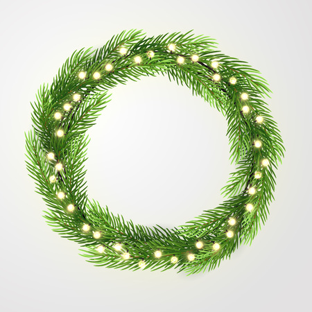 Green Wreath With Lights And Christmas Tree Branches Vector Template Space For Text Green Wreath With Lights And Christmas Tree Branches Vector Template Space For Text