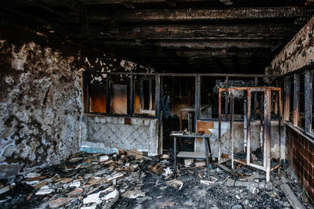 Burned Interiors Of Hospital. Fire Or War Consequences Concept.