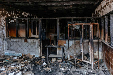 Burned Interiors Of Hospital. Fire Or War Consequences Concept.