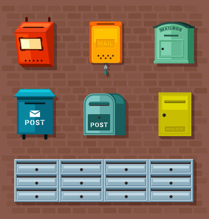 Ensemble de boîtes aux lettres. conteneur rouge pour la correspondance papier boîtes vertes pour la réception et l'envoi de lettres nombreuses sections fermées métalliques individuelles pour chaque appartement. vecteur d'informations de dessin animé.