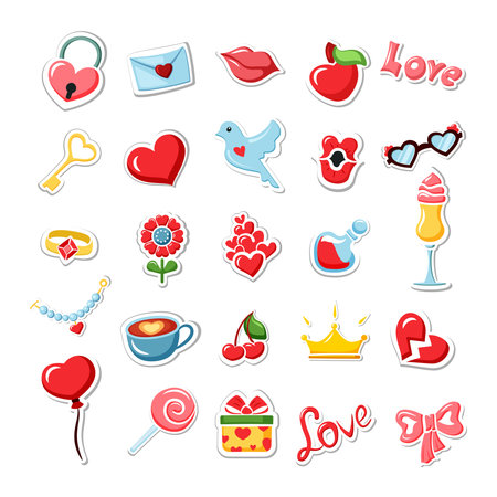 Invitation date stickers set. golden crown and love potion in bottle valentines day decoration with heart and key passionate red kiss and balloon precious necklace amorous party. vector greeting.