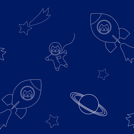 イラスト面白い猫が飛んで宇宙船と宇宙服星や惑星のシームレス パターンの途中で 暗い青色の背景に対して白の概要します のイラスト素材 ベクタ Image イラスト面白い猫が飛んで宇宙船と宇宙服星や惑星のシームレス パターンの途中で 暗い青色の背景に対して白の概要します のイラスト素材 ベクタ Image