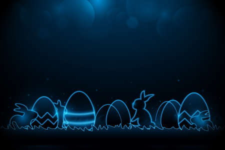 Petit lapin avec des oeufs de pâques décorés sur l'herbe. concept de technologie futuriste en lumière sombre et bleue. illustration vectorielle
