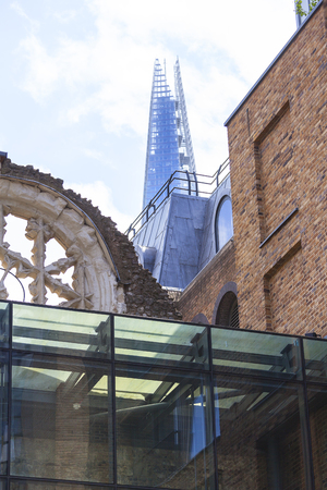 Winchester Palace, Rose Window, The Shard Skyscraper In The Background, London, United Kingdom.