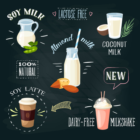 coconut: Bảng đen đồ uống có đường lactose free Cáo tập: sữa đậu nành sữa dừa hạnh nhân sữa pha cà phê đậu nành sữa miễn milkshake. không dung nạp lactose. mẫu thời trang. Vector hình minh họa.