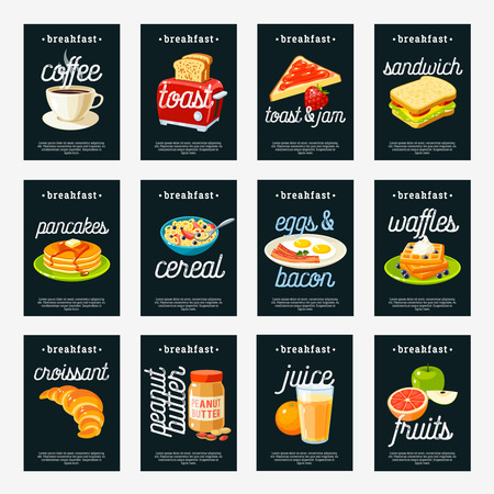 Set of breakfast tags - toaster/coffee pot/jam/peanut butter/fried eggs and bacon/pancakes/waffles/cornflakes/sandwich/bun/croissant/fruits/juice and so. Design template labels. Vector illustration.