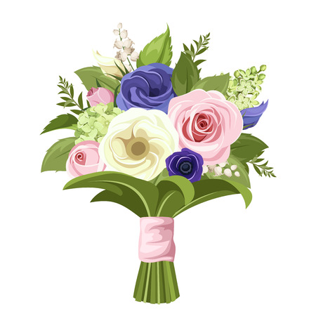ピンク 白 青のバラ Lisianthuses スズランやライラックの花と緑の葉のベクターの花束 のイラスト素材 ベクタ Image ピンク 白 青のバラ Lisianthuses スズランやライラックの花と緑の葉のベクターの花束 のイラスト素材 ベクタ Image