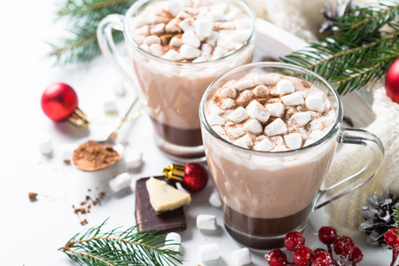 冬のホットドリンク クリスマスホットチョコレートまたはココアと クリスマスの飾りと白にマシュマロ コピースペースで表示します の写真素材 画像素材 Image