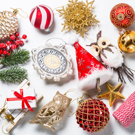 christmas background different christmas decorations on white marble table top view square - Different Christmas Decorations christmas background different christmas decorations on white marble table top view square - Different Christmas Decorations