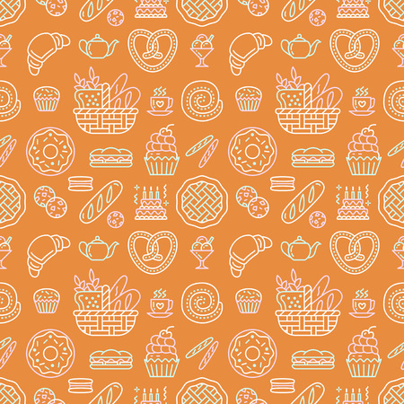 パン屋さんのシームレスなパターン ベージュ オレンジ色の食品のベクトルの背景 菓子製品は薄いライン アイコン ケーキ クロワッサン マフィン ペストリー ケーキ パイです 菓子屋さんのキュートなイラストを繰り返し のイラスト素材 ベクタ Image