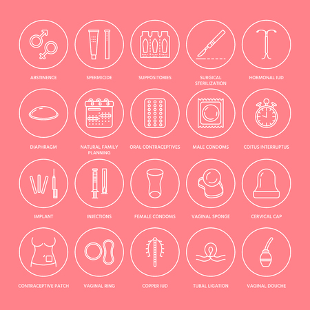 避妊法行のアイコン 制御機器 コンドーム 経口避妊薬 Iud バリア避妊 膣リング 滅菌を出産します 安全なセックス診療所の薄い線形の標識 のイラスト素材 ベクタ Image