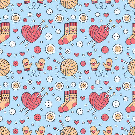 編み物かぎ針編みのシームレスなパターン 手作り装置編む針 フック ウール はさみ 綿のかせのかわいいベクトル平らな線のイラスト 糸仕立て店のパターン 愛をこめて編んだ のイラスト素材 ベクタ Image