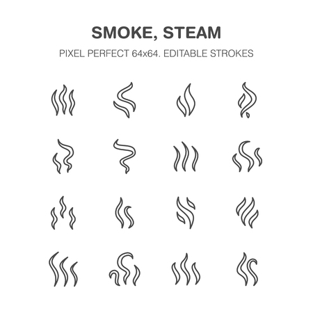 Smoke, steam flat line icons. fumes shapes, aroma smell heat illustrations. evaporation signs. pixel perfect 64x64. editable strokes.