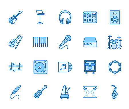 Ensemble d'icônes de ligne plate d'instruments de musique. équipement dj, studio d'enregistrement sonore, piano, guitare, illustration vectorielle de saxophone. pictogramme de contour pour magasin de musique. couleur bleue, avc modifiable.