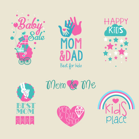 かわいい赤ちゃんと子供のロゴのベクトルのコレクションです 子供のおもちゃは シンボルを格納します 子供ファッション ラベル デザイン 子供服ブランド 赤ちゃんや子供は 記章テンプレートを格納します のイラスト素材 ベクタ Image