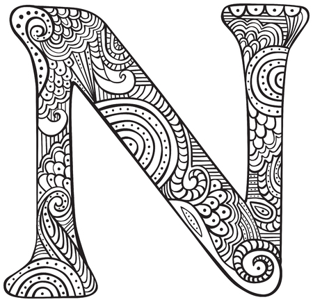 Hand drawn capital letter N in black - coloring sheet for adults - 84360139