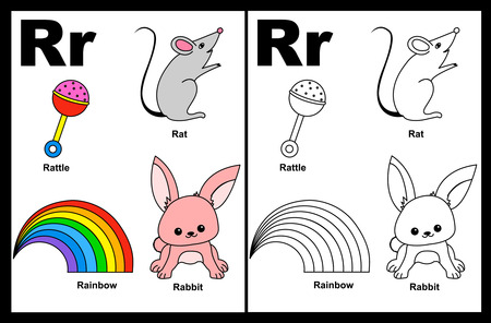 Kids Alphabet Coloring Book Page With Outlined Clip Arts To Color Letter R Stock Vector