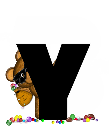 テディ ハロウィンお菓子 セットのアルファベット Y 文字黒と茶色のかわいいテディベアが飾られて クマのマスクし キャンディ ハロウィンの袋を保持します キャンディ彼の袋からこぼれたが 彼の足によって地面をカバーしています の写真素材 画像素材 Image