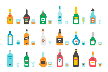 フラットなデザイン酒ボトルとグラス イラスト のイラスト素材 ベクタ Image