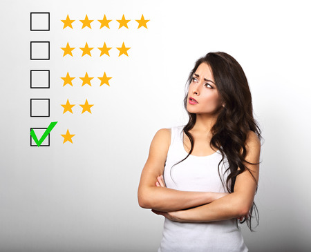 The bad, failure worst rating, evaluation, online review. one star. the time to make better your business and do something. beautiful doubt business serious woman on grey background