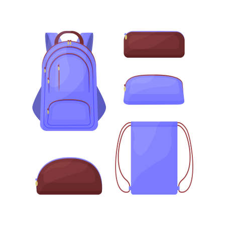 A school kit consisting of blue and brown school bags, such as a backpack, a rectangular and round pencil case for pens and pencils, and a shoe bag. vector illustration isolated on a white background