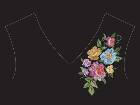 カラフルなファッション少数民族花刺繍ネックラインのバラで 服のデザインの黒の背景にベクトル伝統的な民俗の花装飾です のイラスト素材 ベクタ Image