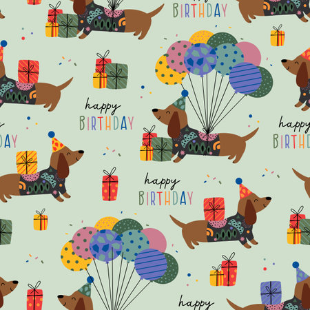 Birthday seamless pattern with funny dachshund and gifts