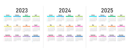 Calendar 2023 2024 2025 vector the week starts on sunday calendar layout annual organizer english color illustration Фото со стока